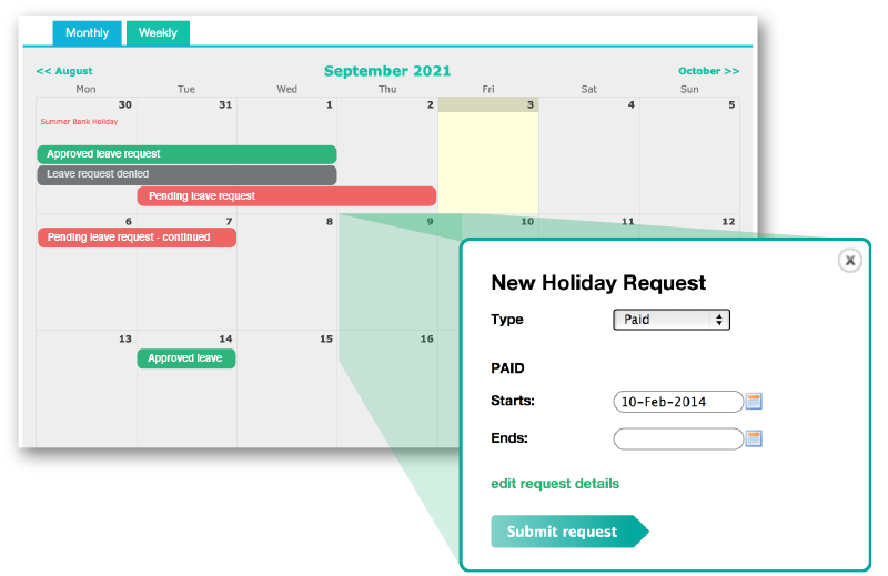 Screenshot of Engage holiday calendar